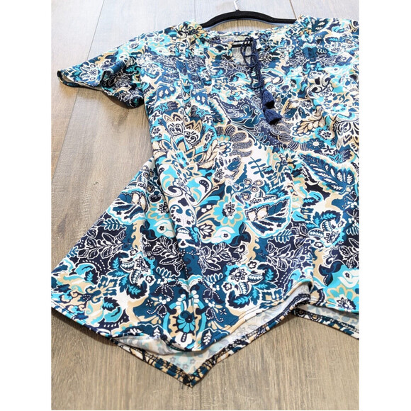 PerSeption Concepts Top Womens Small Blue Print Short Flutter Sleeve Stretch - Picture 2 of 10